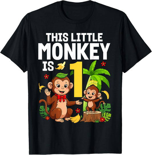 This Little Monkey is 1 Years Old Kid 1st Birthday Monkeys T-Shirt - T-Shirt | Black