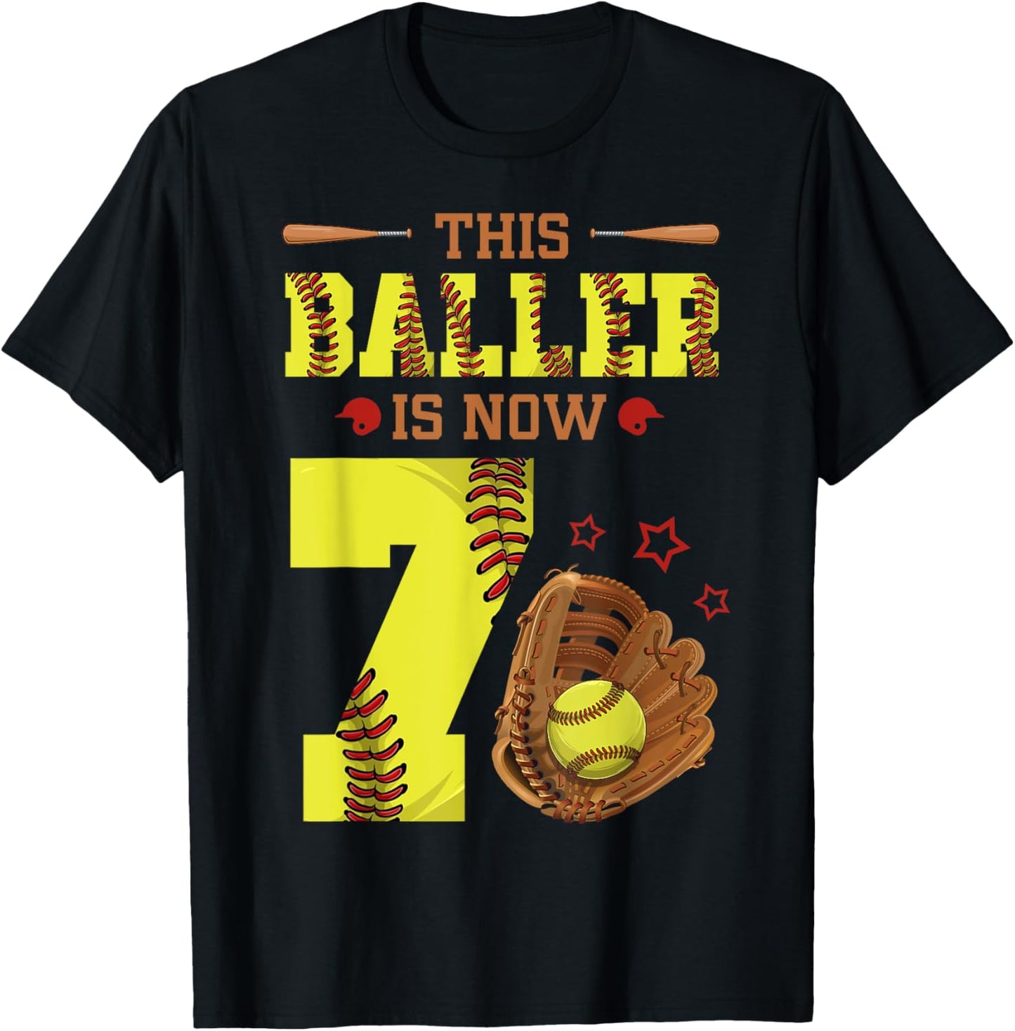 7th Birthday Softball This Baller Is Now Seven Girl 7 Yr Old T-Shirt - T-Shirt | Black