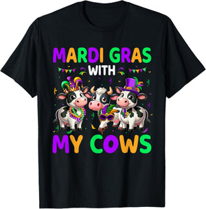 Mardi Gras With My Cows Three Cute Cows Masked Beads Parades T-Shirt - T-Shirt | Black