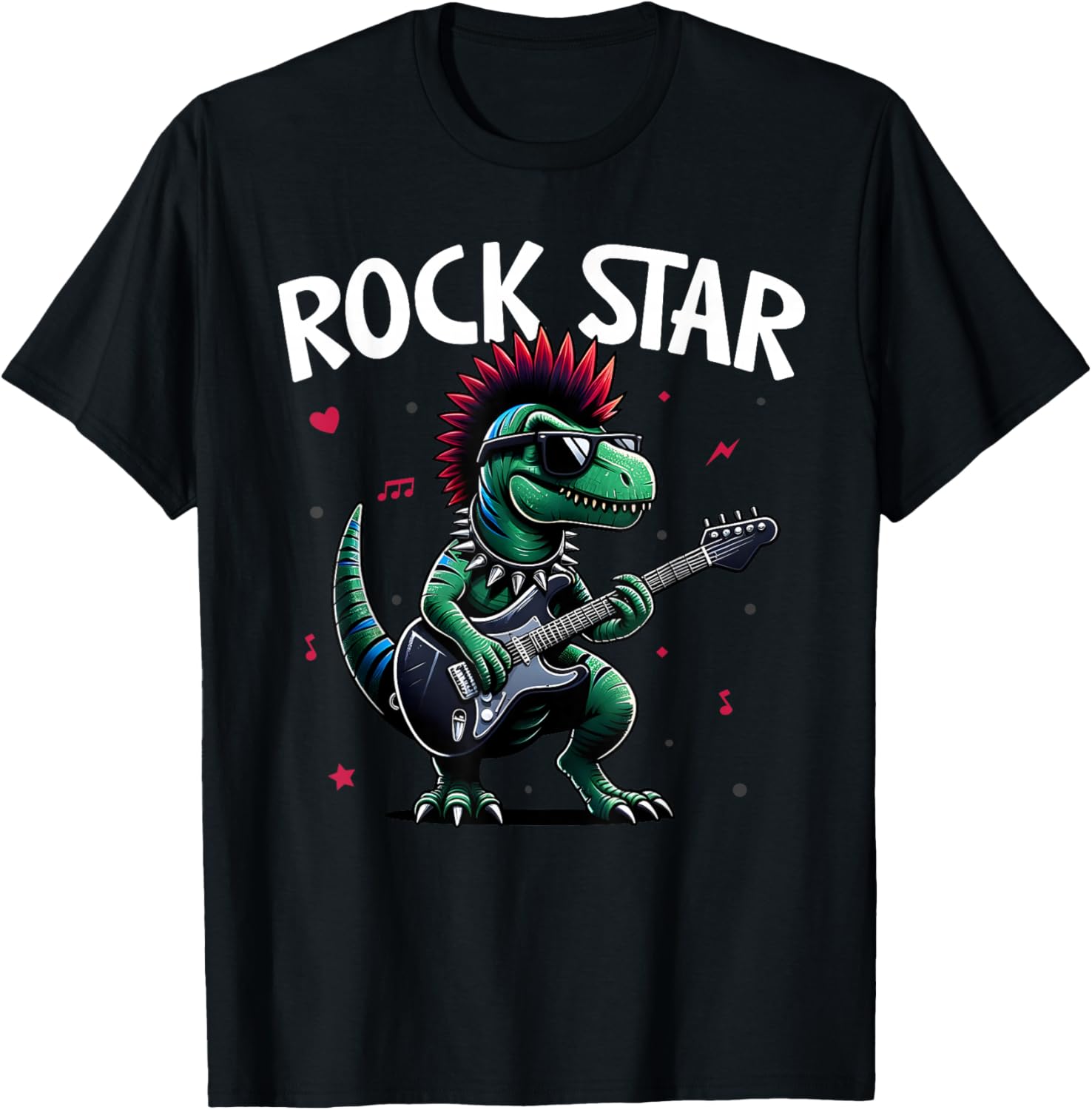 Rock Star Cute Punk Dinosaur, Goth Dino, Guitar Band Funny T-Shirt - T-Shirt | Black