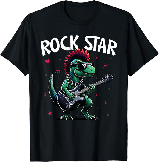 Rock Star Cute Punk Dinosaur, Goth Dino, Guitar Band Funny T-Shirt - T-Shirt | Black