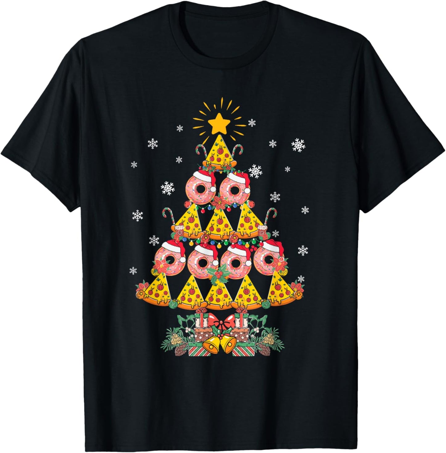 Pizza & Donut Funny Christmas Tree Merry Xmas Crustmas light T-Shirt - T-Shirt | Black