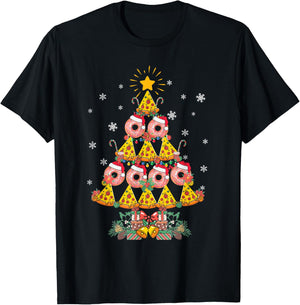 Pizza & Donut Funny Christmas Tree Merry Xmas Crustmas light T-Shirt - T-Shirt | Black