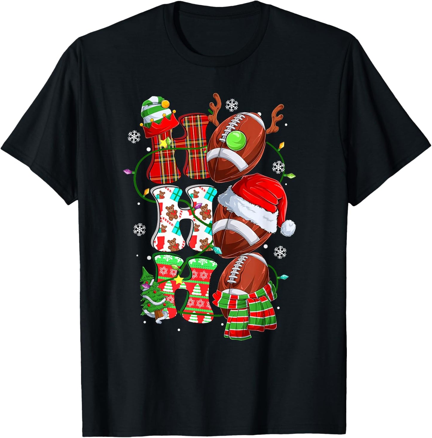 Christmas Ho Ho Ho Santa Reindeer Matching Football Pajama T-Shirt - T-Shirt | Black