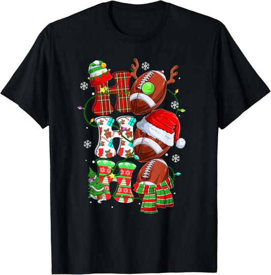 Christmas Ho Ho Ho Santa Reindeer Matching Football Pajama T-Shirt - T-Shirt | Black