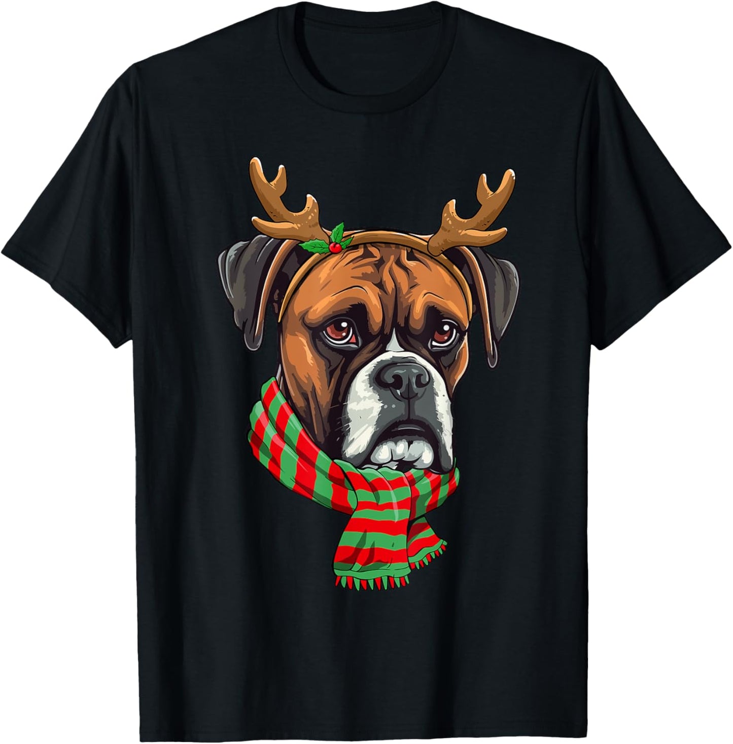 Boxer Dog Christmas Reindeer Santa Hat Funny Xmas T-Shirt - T-Shirt | Black