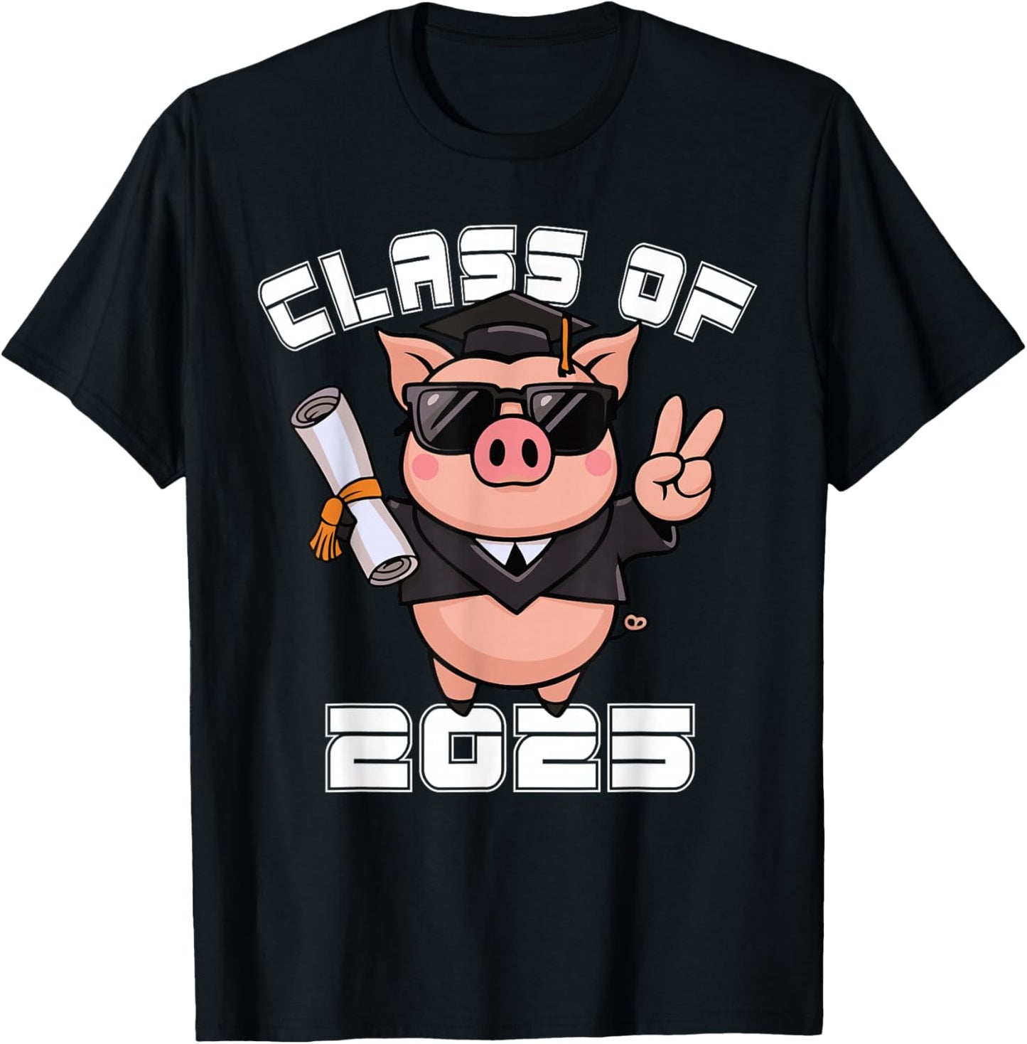 Peace Sign Hand Pig Class of 2025 Graduation T-Shirt - T-Shirt | Black