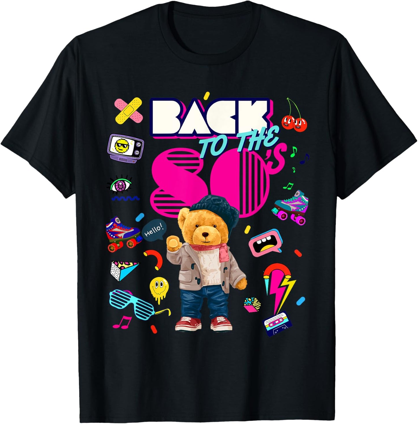 Back To 80's , Cool Retro 80's Teddy Bear Graphic Design T-Shirt - T-Shirt | Black