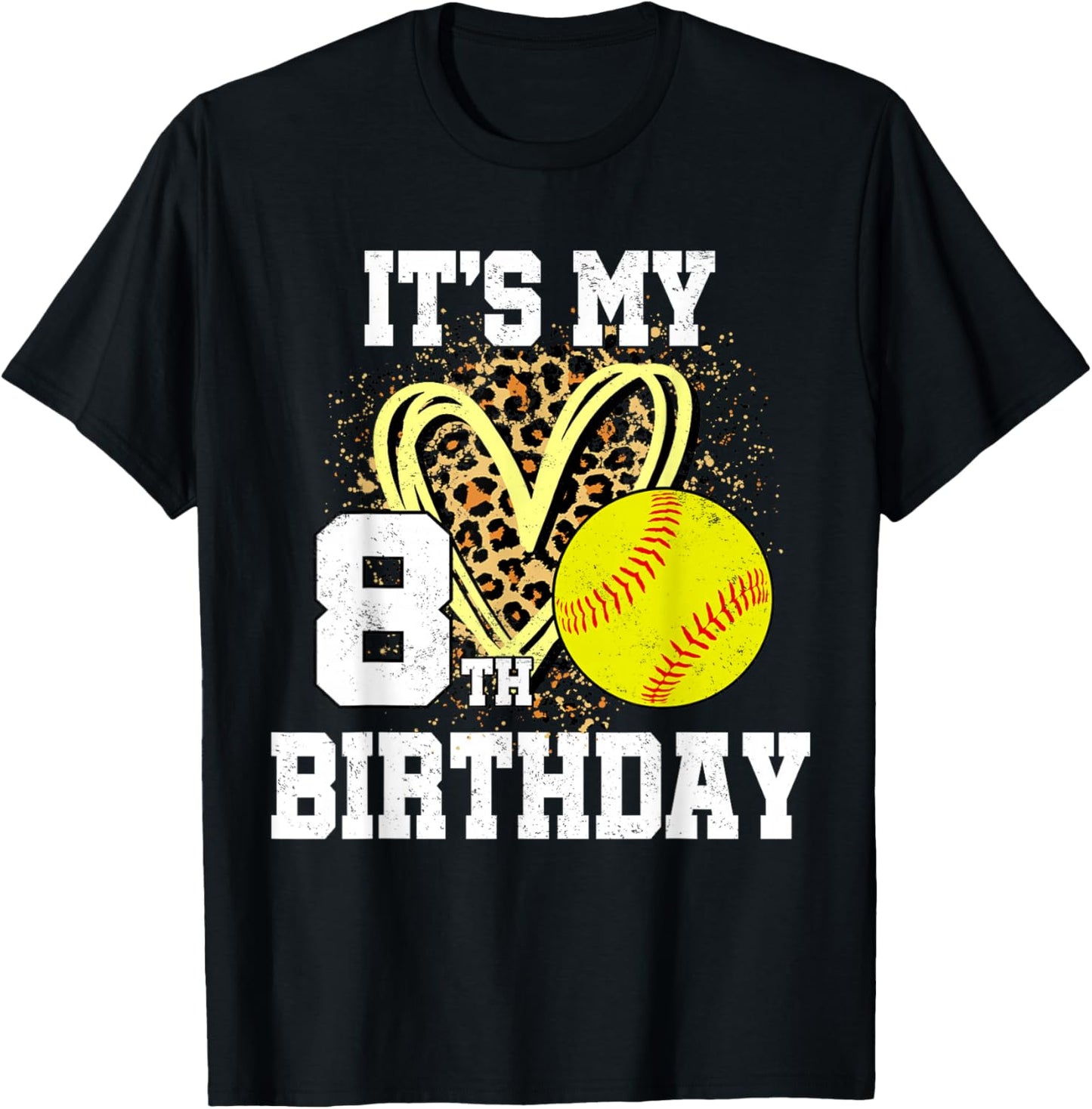 It's My 8th Birthday Softball Leopard 8 Year Old Birthday T-Shirt - T-Shirt | Black