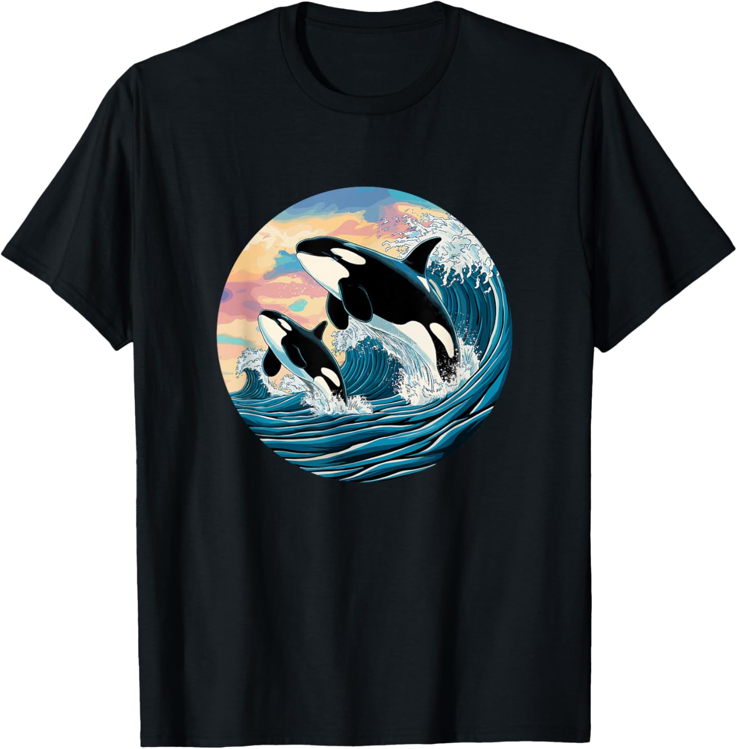 Orca Wave Ocean Sunset Marine Life Fan Outfit Kids Black Small Modern Cartoon Orca Jumping Waves Ocean Sunset Marine Life Enthusiast T-Shirt - T-Shirt | Black