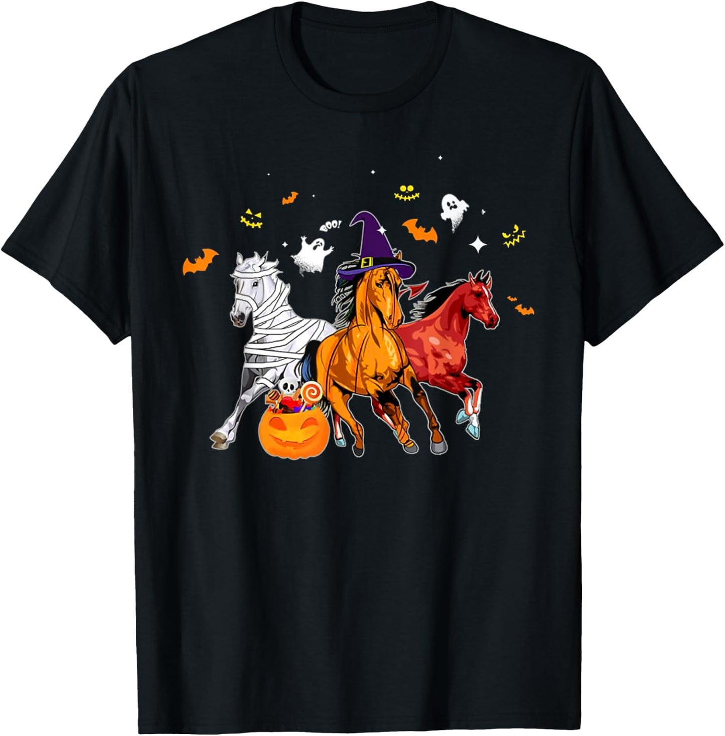 Cute Horse In Halloween Costume Horse Zombie Witch Pumpkin T-Shirt - T-Shirt | Black