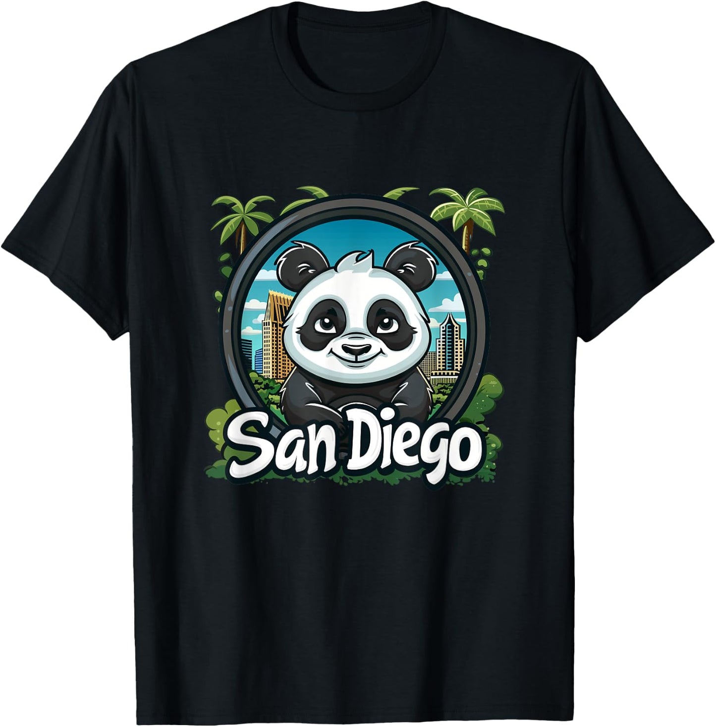San Diego Panda Retro City Skyline Design - Cute Panda Zoo T-Shirt - T-Shirt | Black