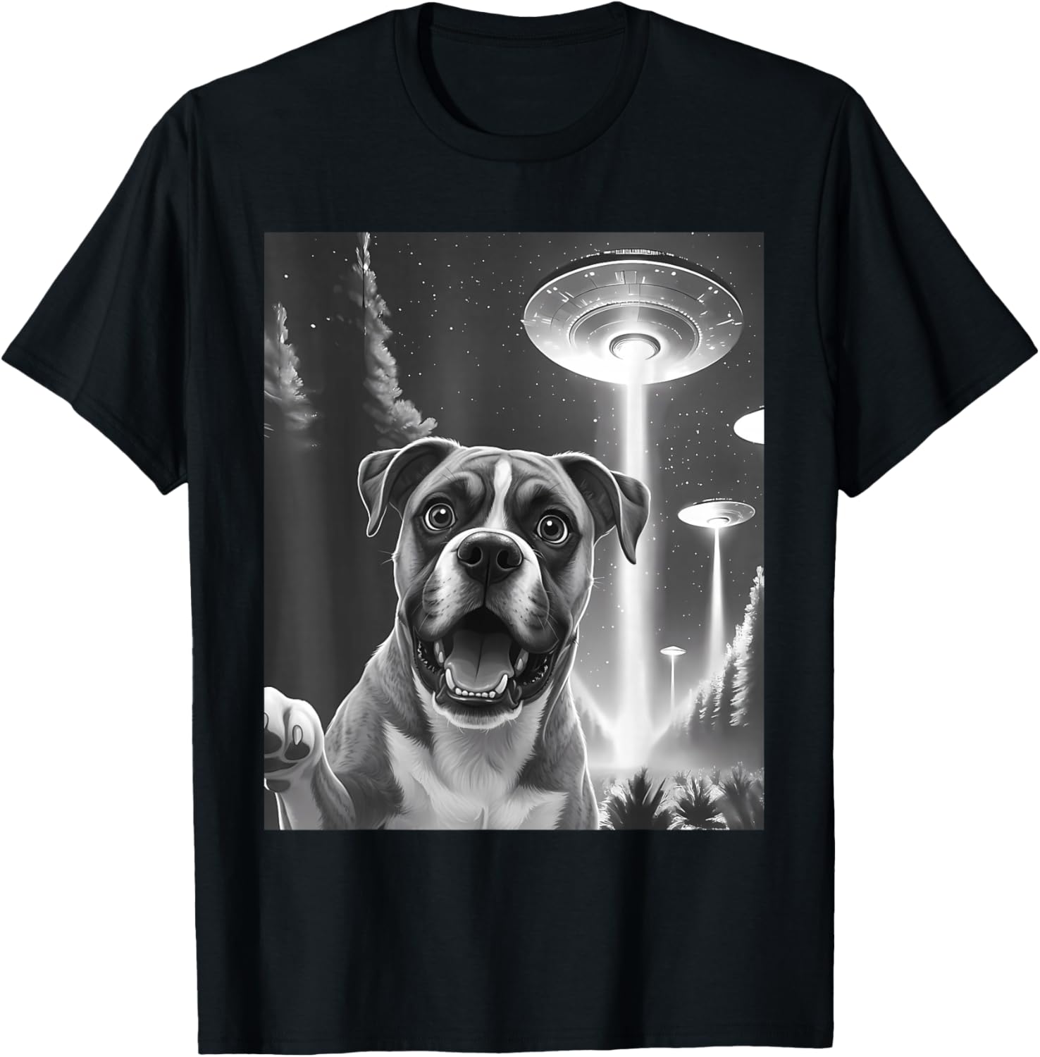 Funny Boxer Alien UFO Taking a Selfie Animal Lover Retro T-Shirt - T-Shirt | Black