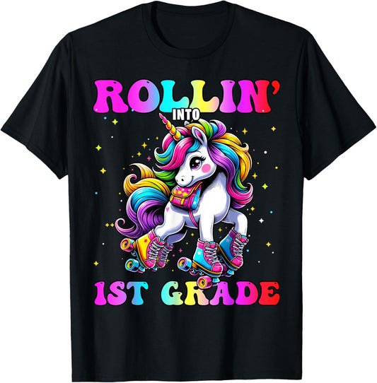 1st Grade Back To School First Day Girls Rollin Unicorn T-Shirt - T-Shirt | Black