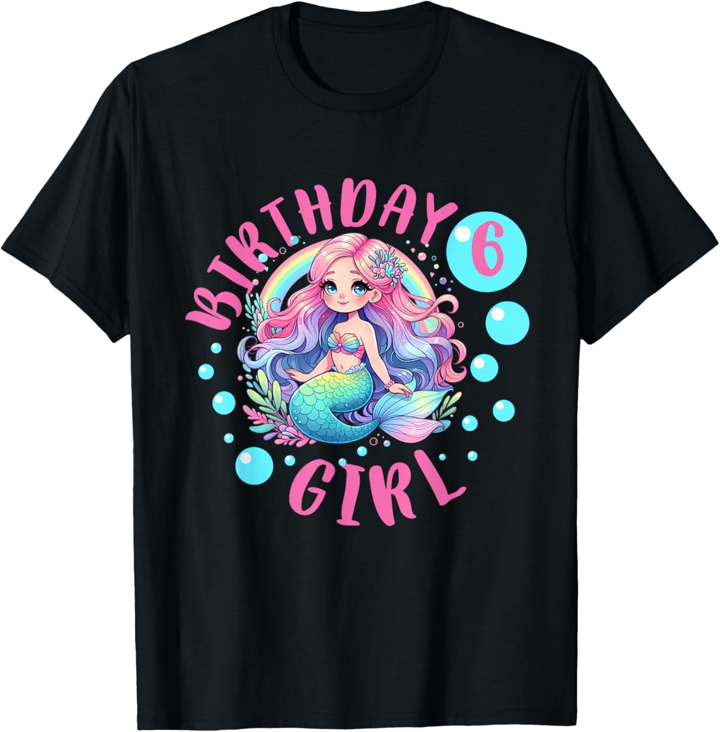 Cute Mermaid 6th Birthday Girl 6 Year Old Bday Mermaid T-Shirt - T-Shirt | Black