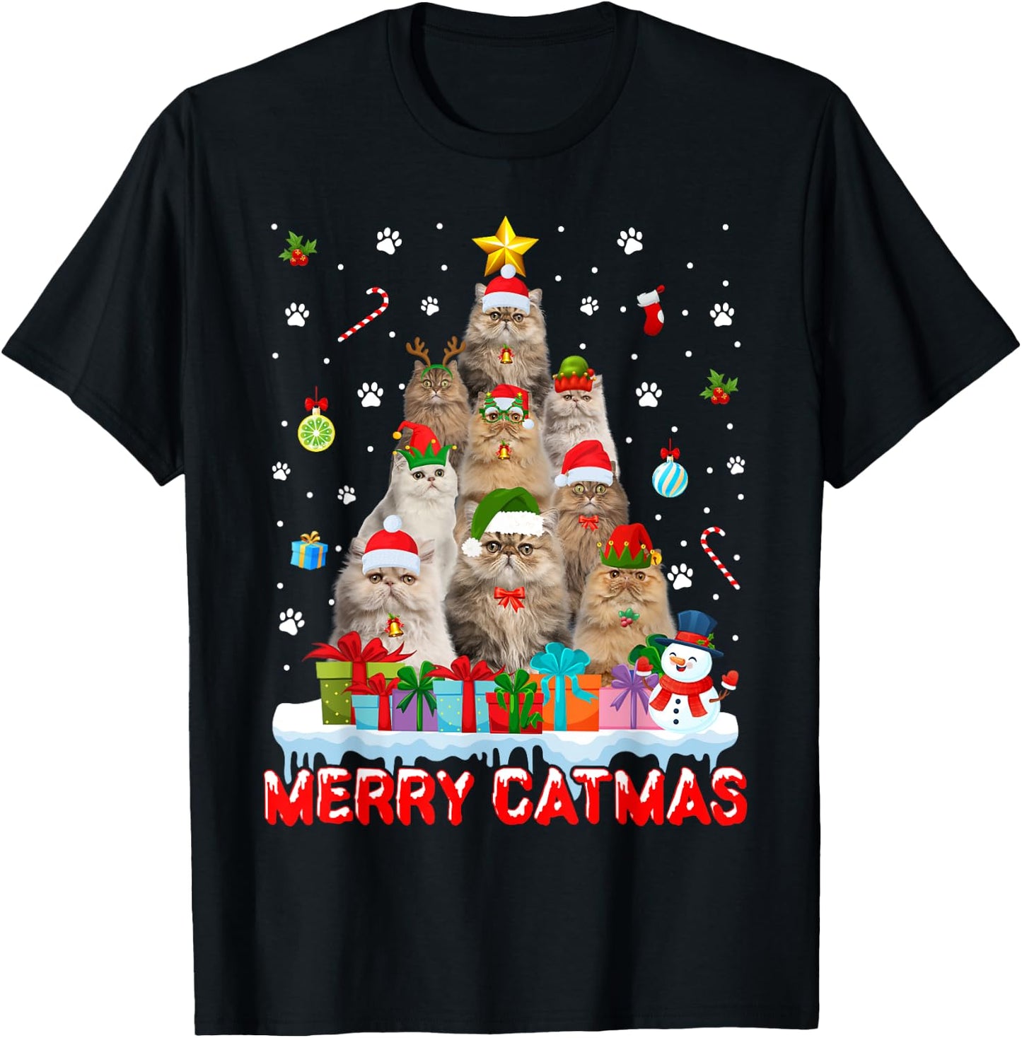 Funny Persian Cat Lovers Cute Holiday Christmas Tree T-Shirt - T-Shirt | Black