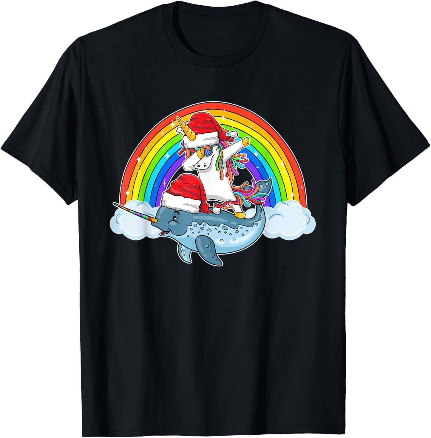Dabbing Unicorn Riding Narwhal With Santa Hat Christmas T-Shirt - T-Shirt | Black