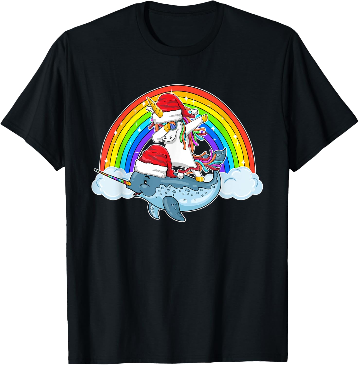 Dabbing Unicorn Riding Narwhal With Santa Hat Christmas T-Shirt - T-Shirt | Black