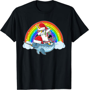 Dabbing Unicorn Riding Narwhal With Santa Hat Christmas T-Shirt - T-Shirt | Black