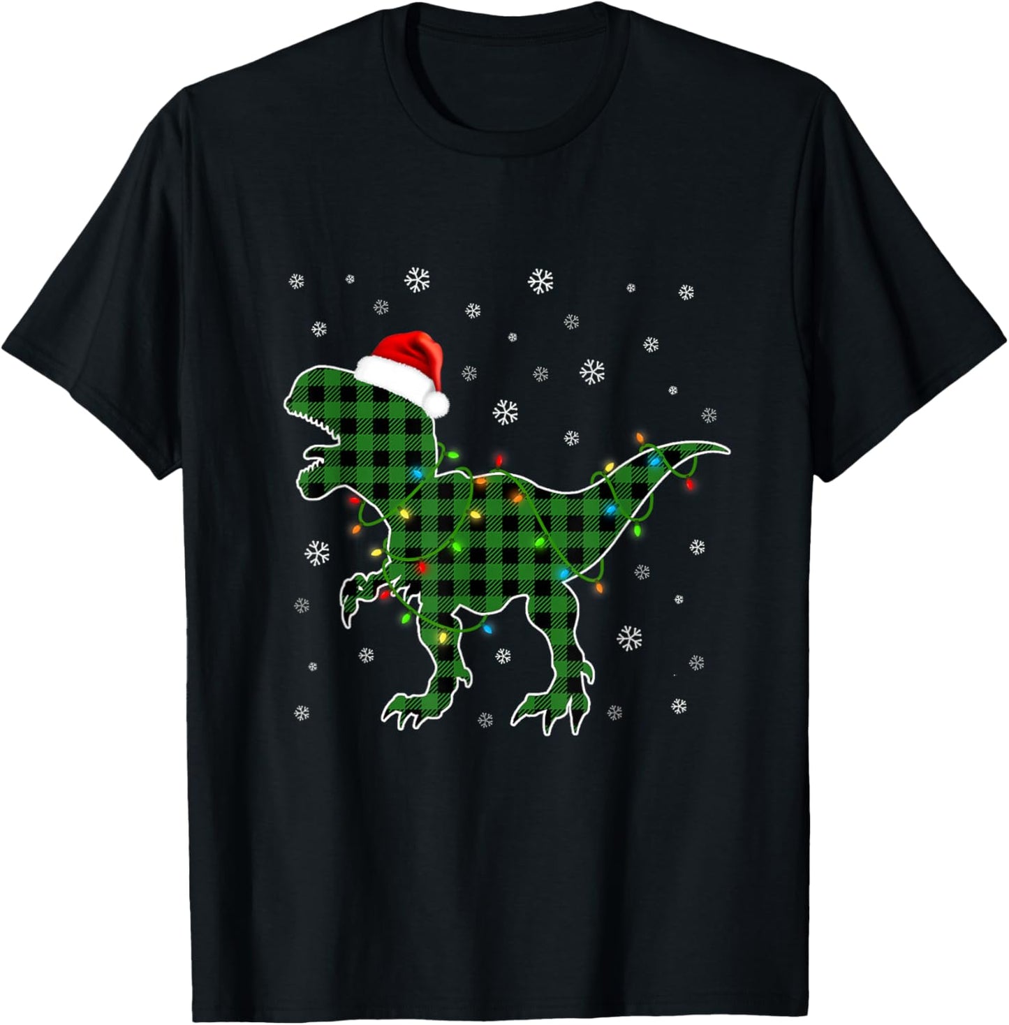 T Rex Green Plaid Buffalo Dinosaur Christmas Pajamas Family T-Shirt - T-Shirt | Black