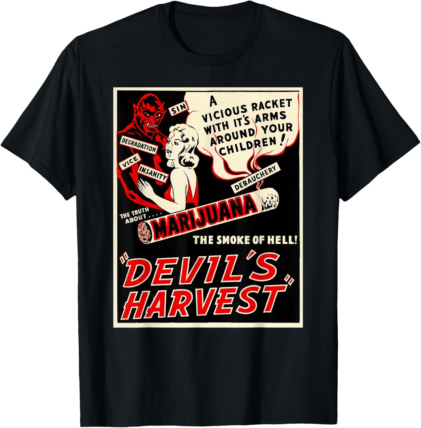 Retro Weed Art-Devil's Harvest Marijuana Weed Propaganda T-Shirt - T-Shirt | Black