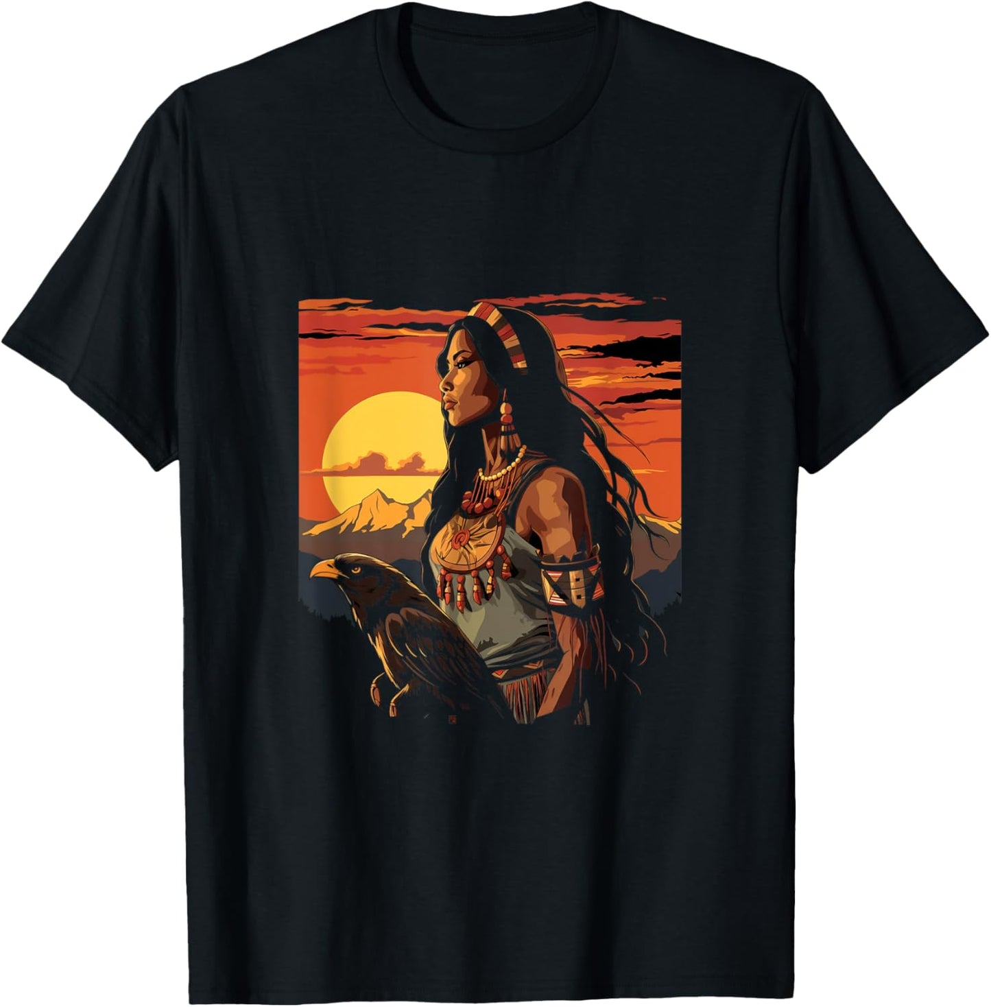 Native American Indian Woman Eagle Sunset Indigenous Women T-Shirt - T-Shirt | Black
