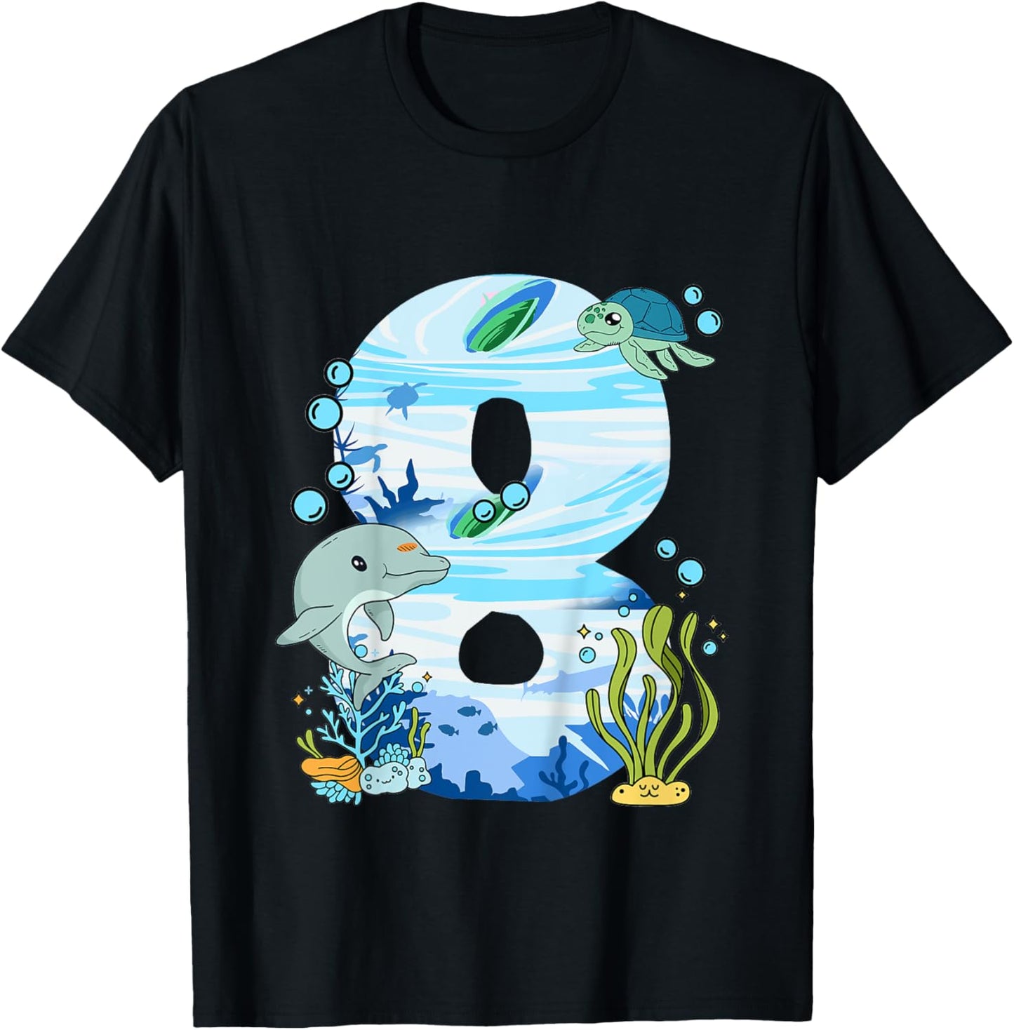 Underwater 8 Years Old - Dolphin And Turtle 8th Birthday T-Shirt - T-Shirt | Black