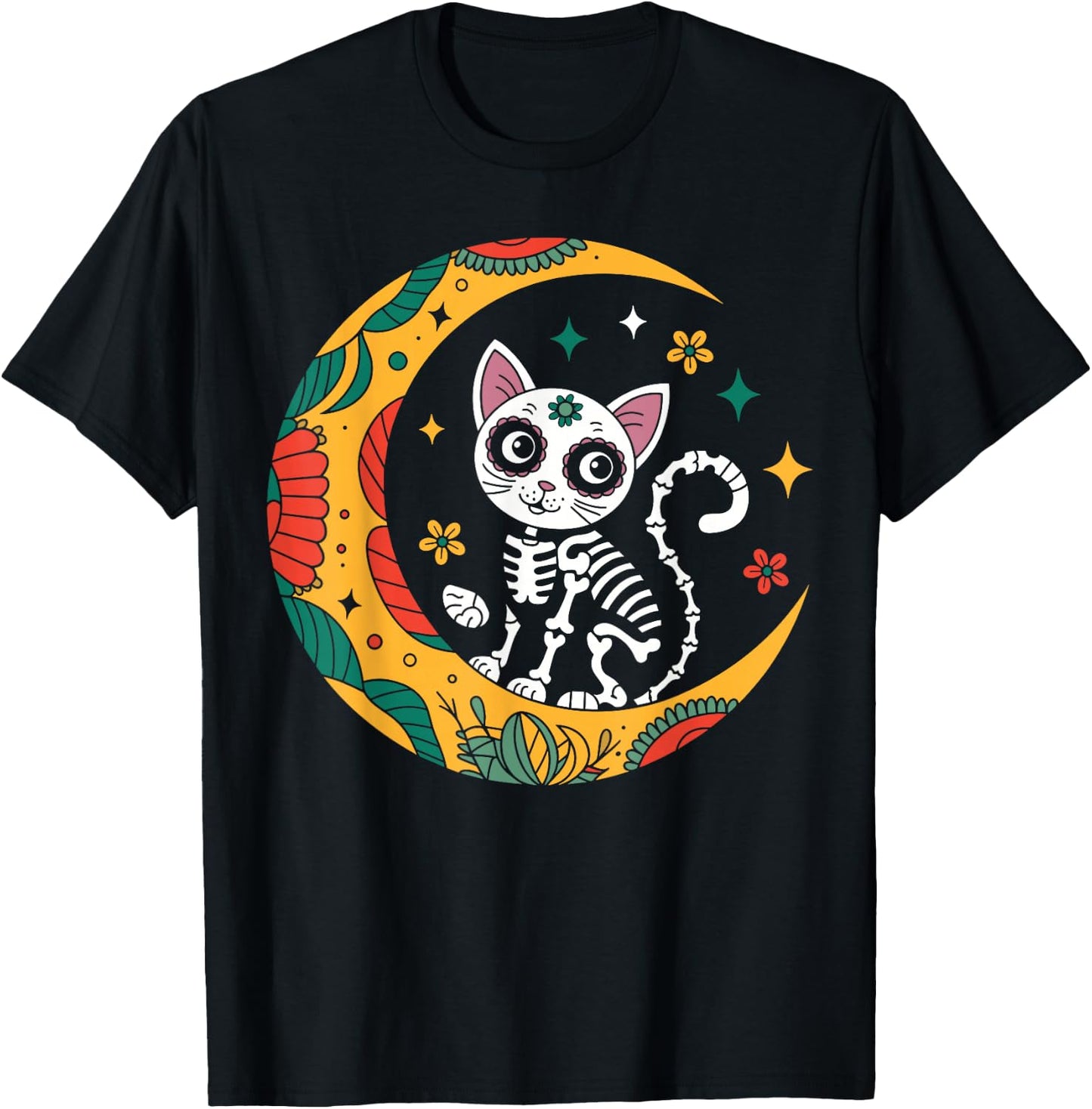 Cat And Moon Skull Dia De Los Muertos Day Of The Dead T-Shirt - T-Shirt | Black