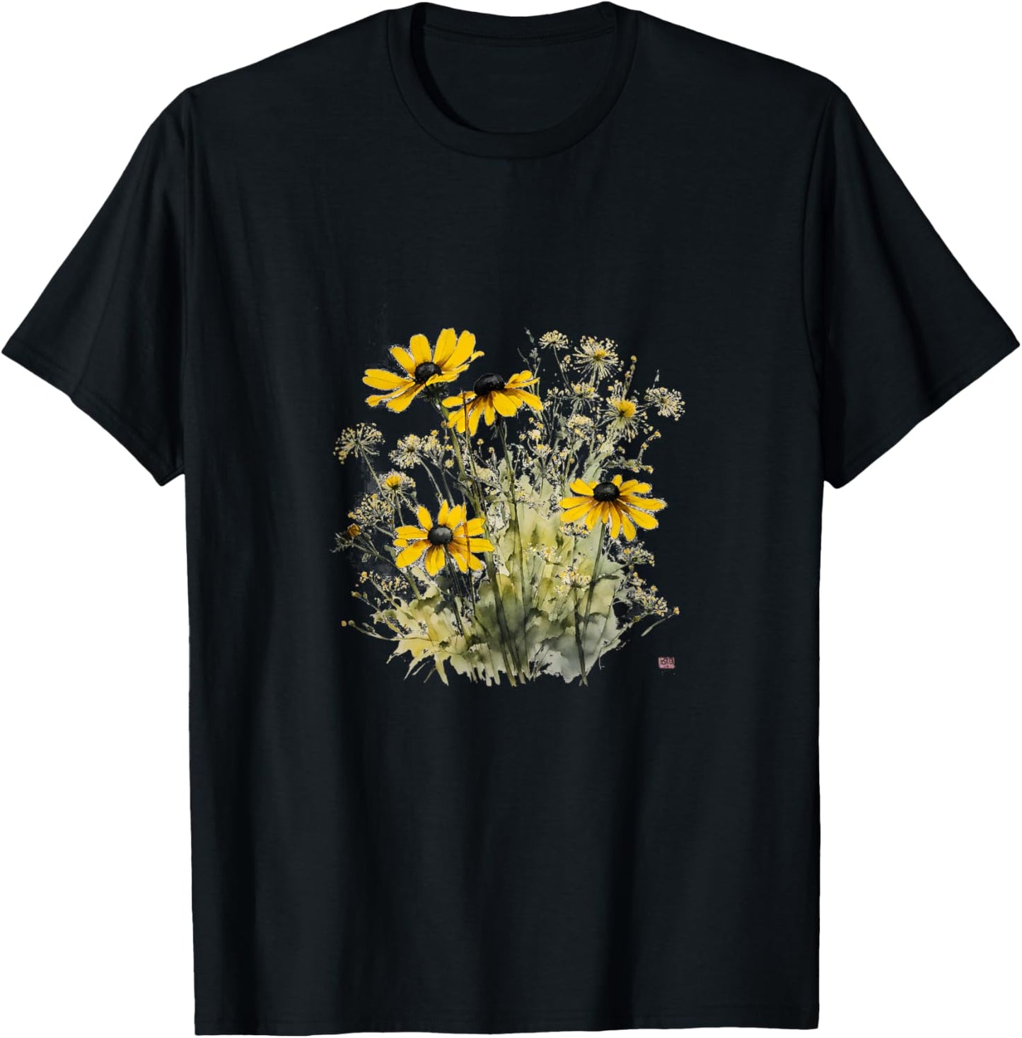 Mother's Day Watercolor Wildflowers Black Eyed Susan T-Shirt - T-Shirt | Black