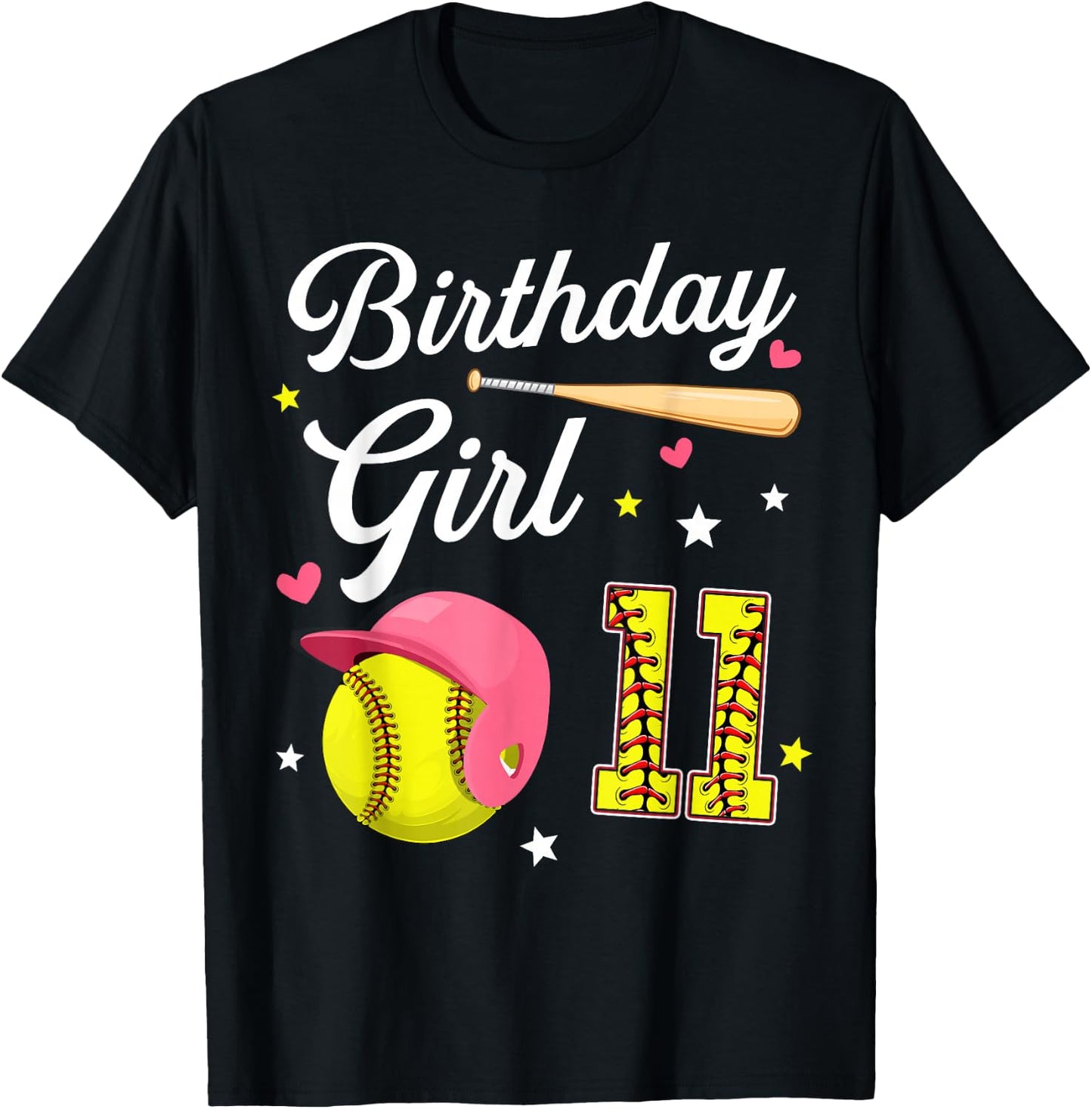 11th Birthday Girl Softball Eleventh Bday 11 Eleven Year Old T-Shirt - T-Shirt | Black