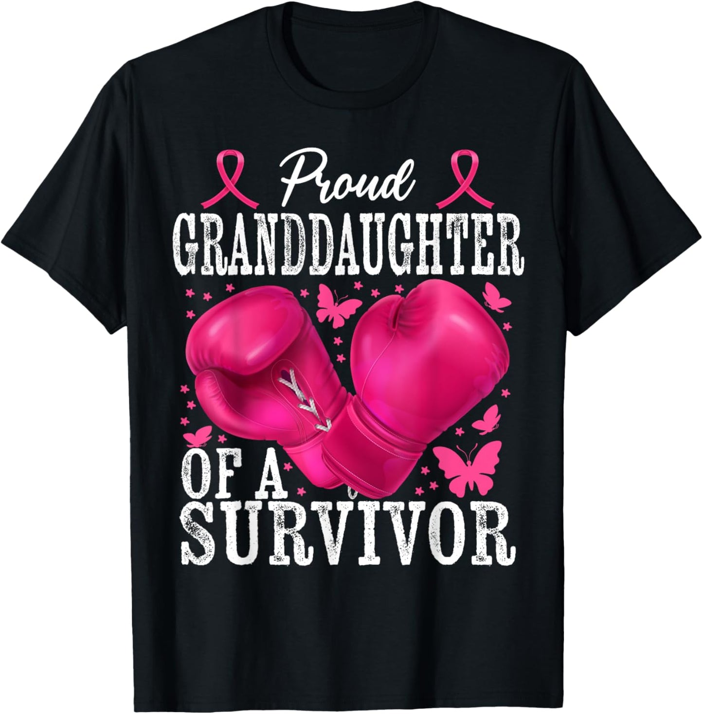 Proud Granddaughter Survivor Breast Cancer Boxing Glove Pink T-Shirt - T-Shirt | Black