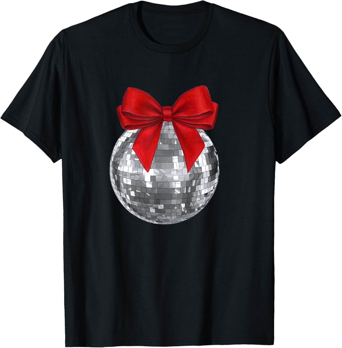 Disco Ball Red Bow Coquette Girly Aesthetic T-Shirt - T-Shirt | Black