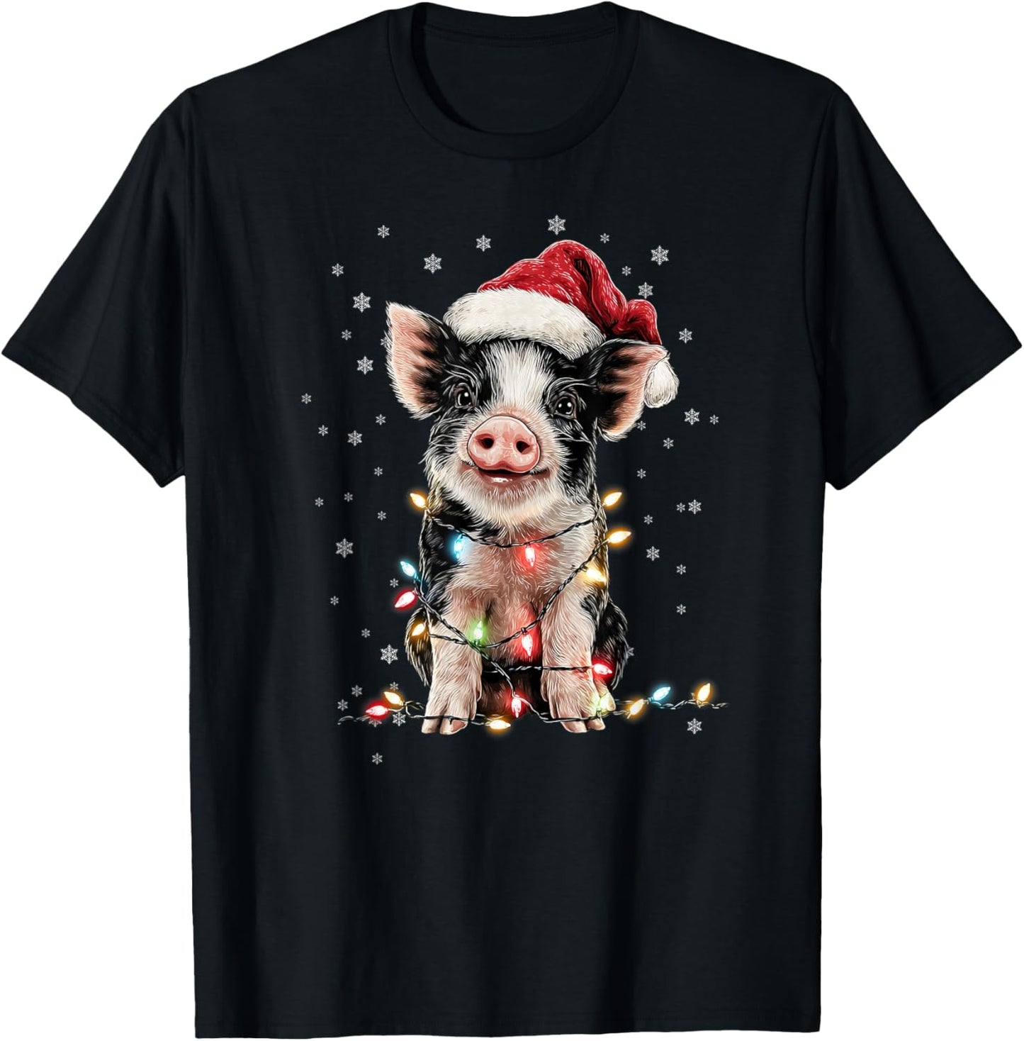Christmas Lights Santa Hat Xmas Pajamas Pig Lover T-Shirt - T-Shirt | Black