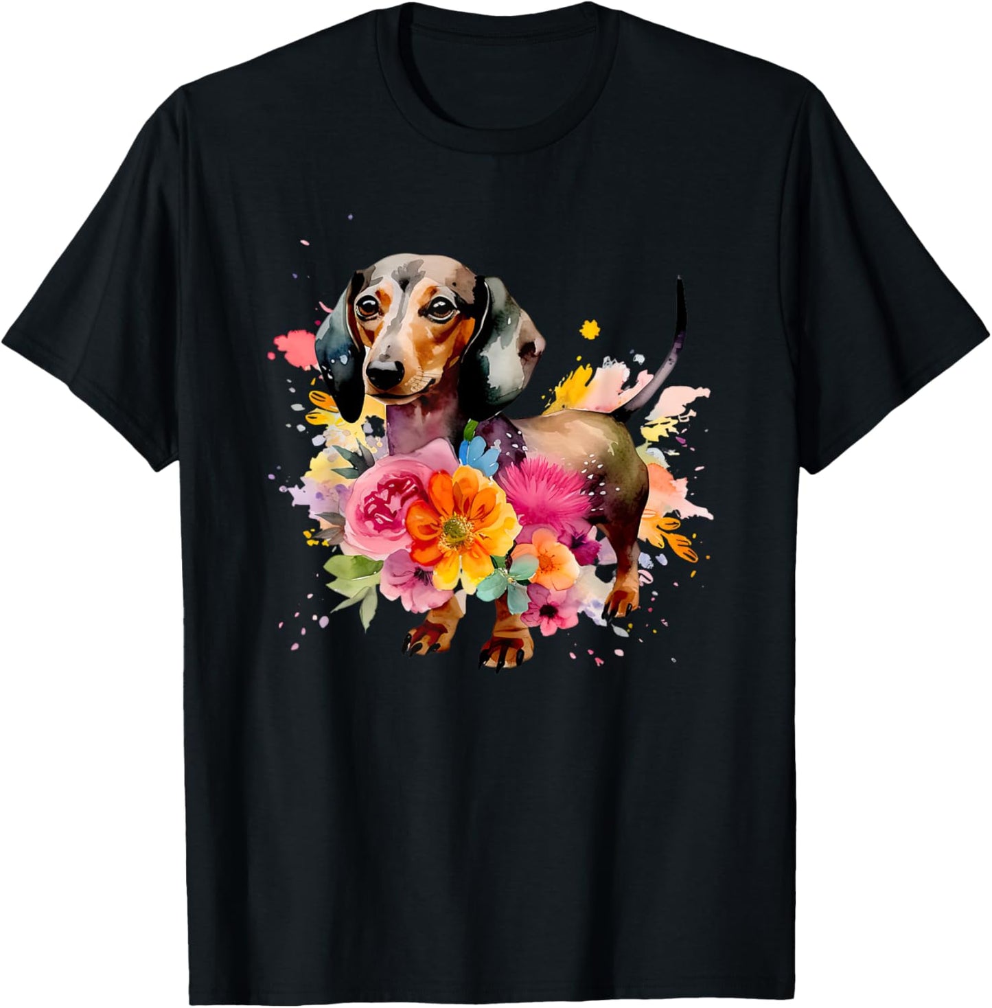 Dachshund Watercolor art Dog Dog breed woman kids floral T-Shirt - T-Shirt | Black