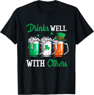 Drinks Well With Others St. Patrick's Day Drunk Beer Funny T-Shirt - T-Shirt | Black