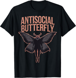 Cryptid Cryptozoology Mothman Introvert -Adults Butterfly Black Small Classic Fit Short Sleeve Polyester 100% Printed Design Blended Fabric T-Shirt - T-Shirt | Black