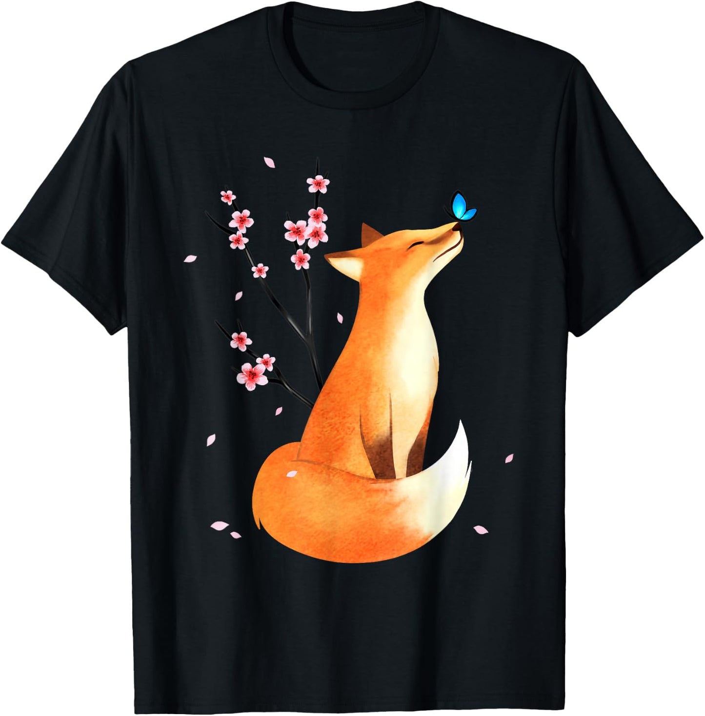 Fox Japanese Cherry Blossom Flower Vintage Gift T-Shirt - T-Shirt | Black