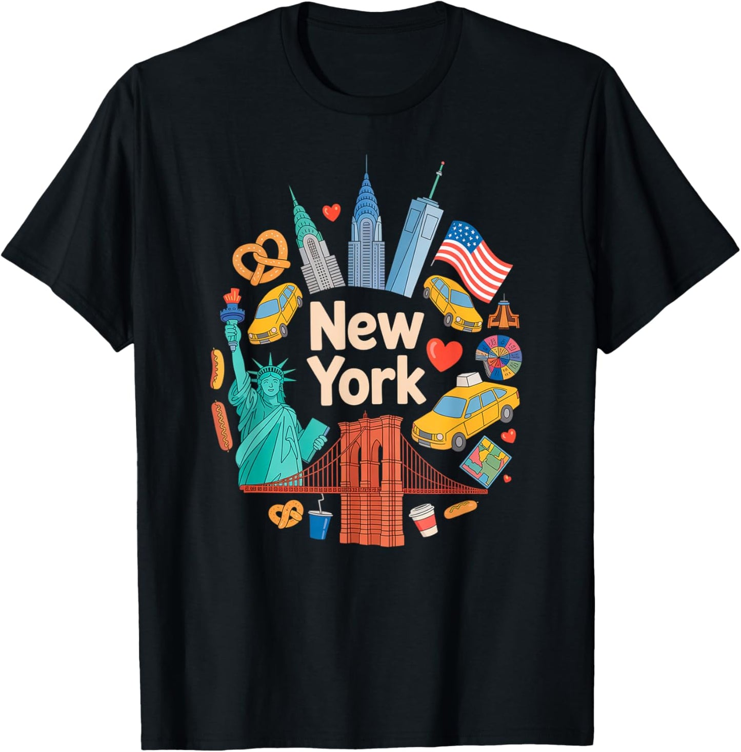 New York City Icons Cartoon Style Urban Collage Art T-Shirt - T-Shirt | Black