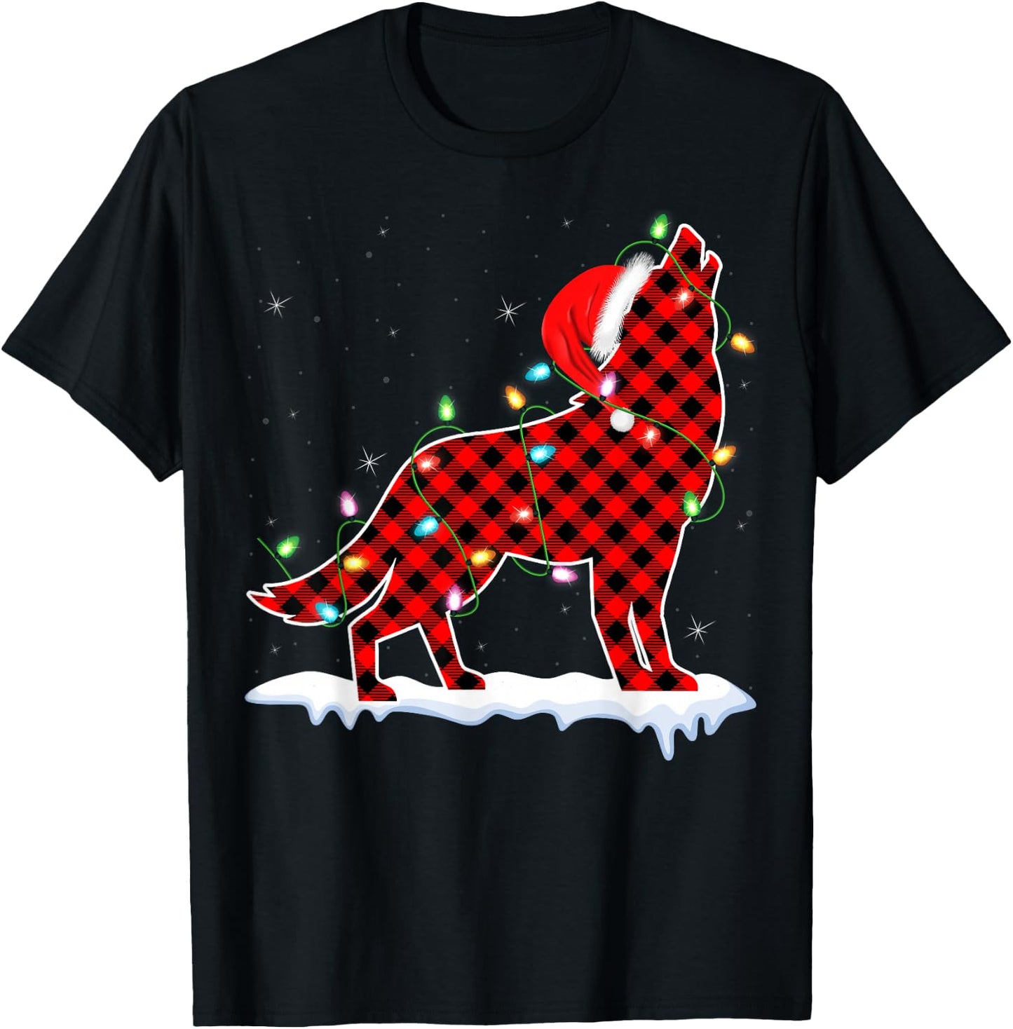 Santa Wolf Xmas Lighting Buffalo Plaid Wolf Christmas Pajama T-Shirt - T-Shirt | Black