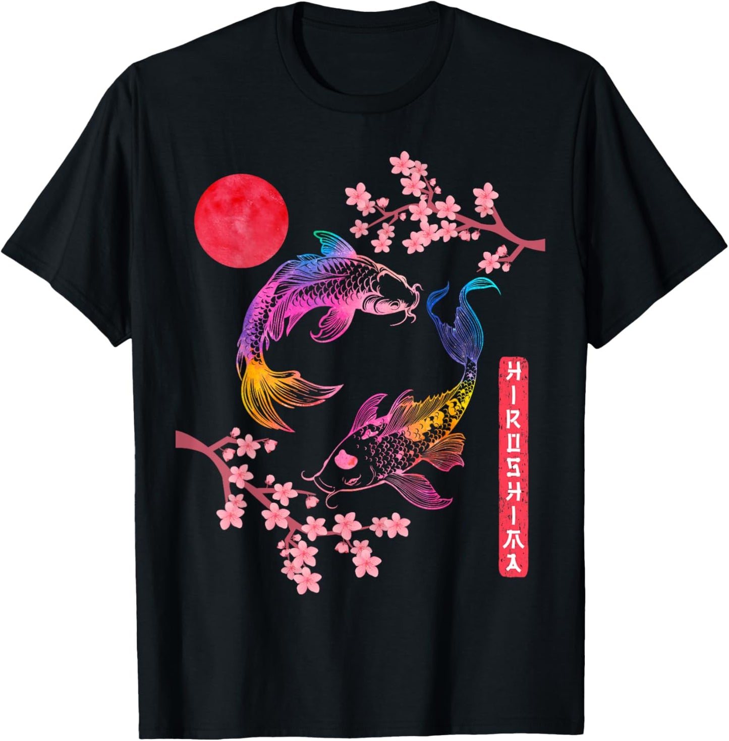 Koi Fish Carp Cherry Blossom Japanese Sun Rainbow Hiroshima T-Shirt - T-Shirt | Black