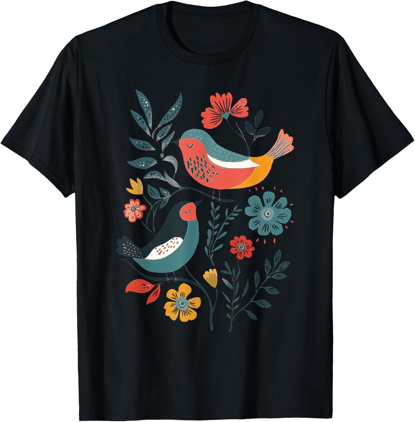 Folk Art Birds T-Shirt - T-Shirt | Black