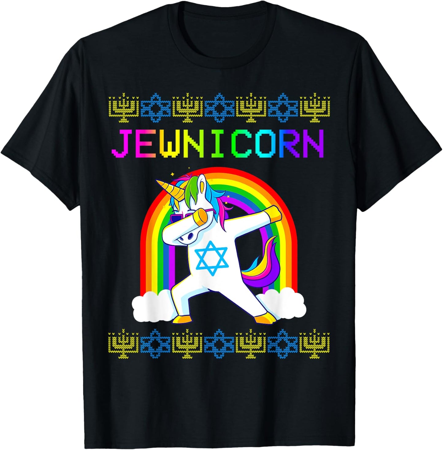 Jewnicorn Ugly Hanukkah Sweater Dabbing Unicorn Chanukah T-Shirt - T-Shirt | Black