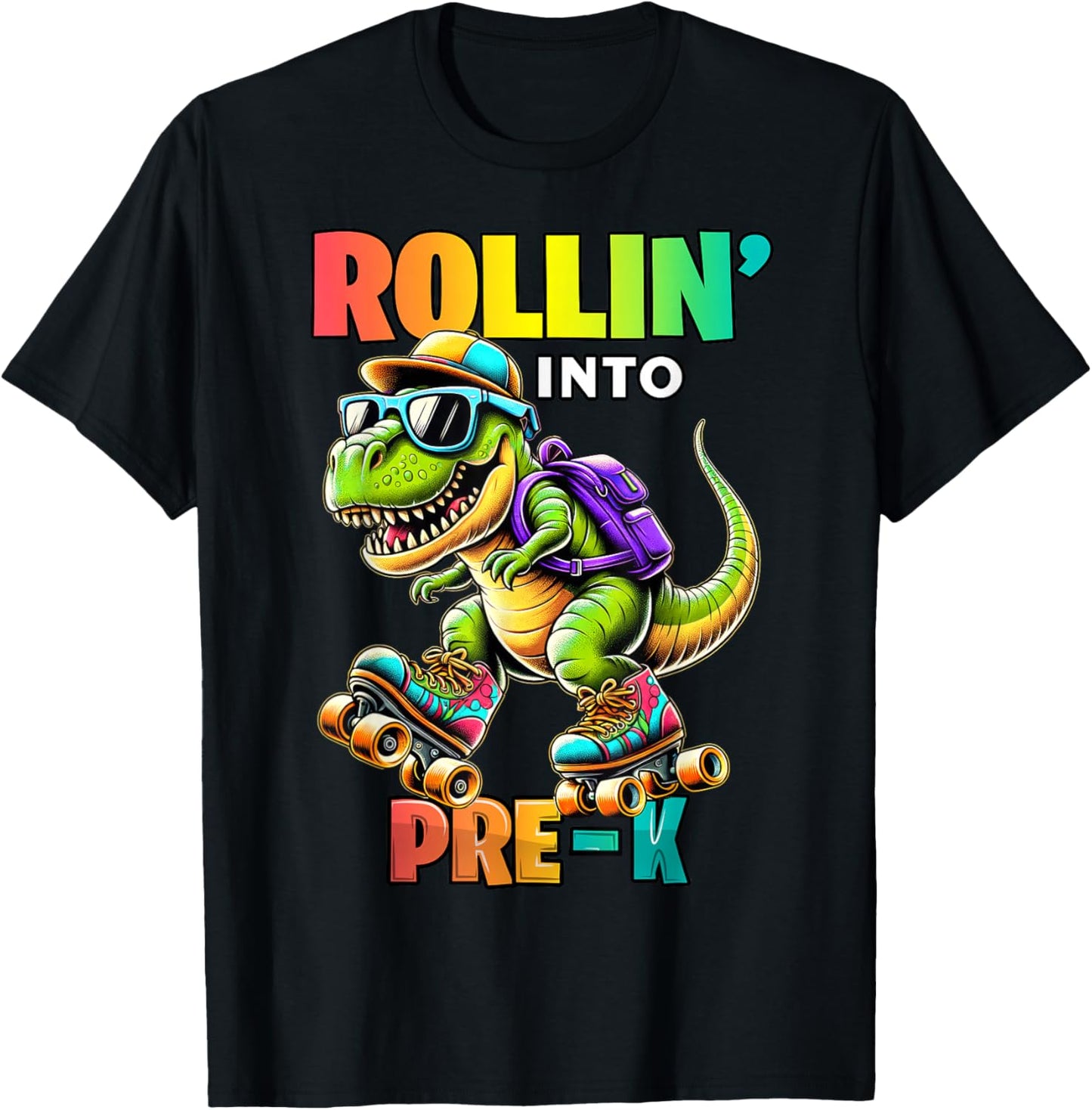 Pre-K Back To School First Day Boys Rollin into Pre-K T Rex T-Shirt - T-Shirt | Black