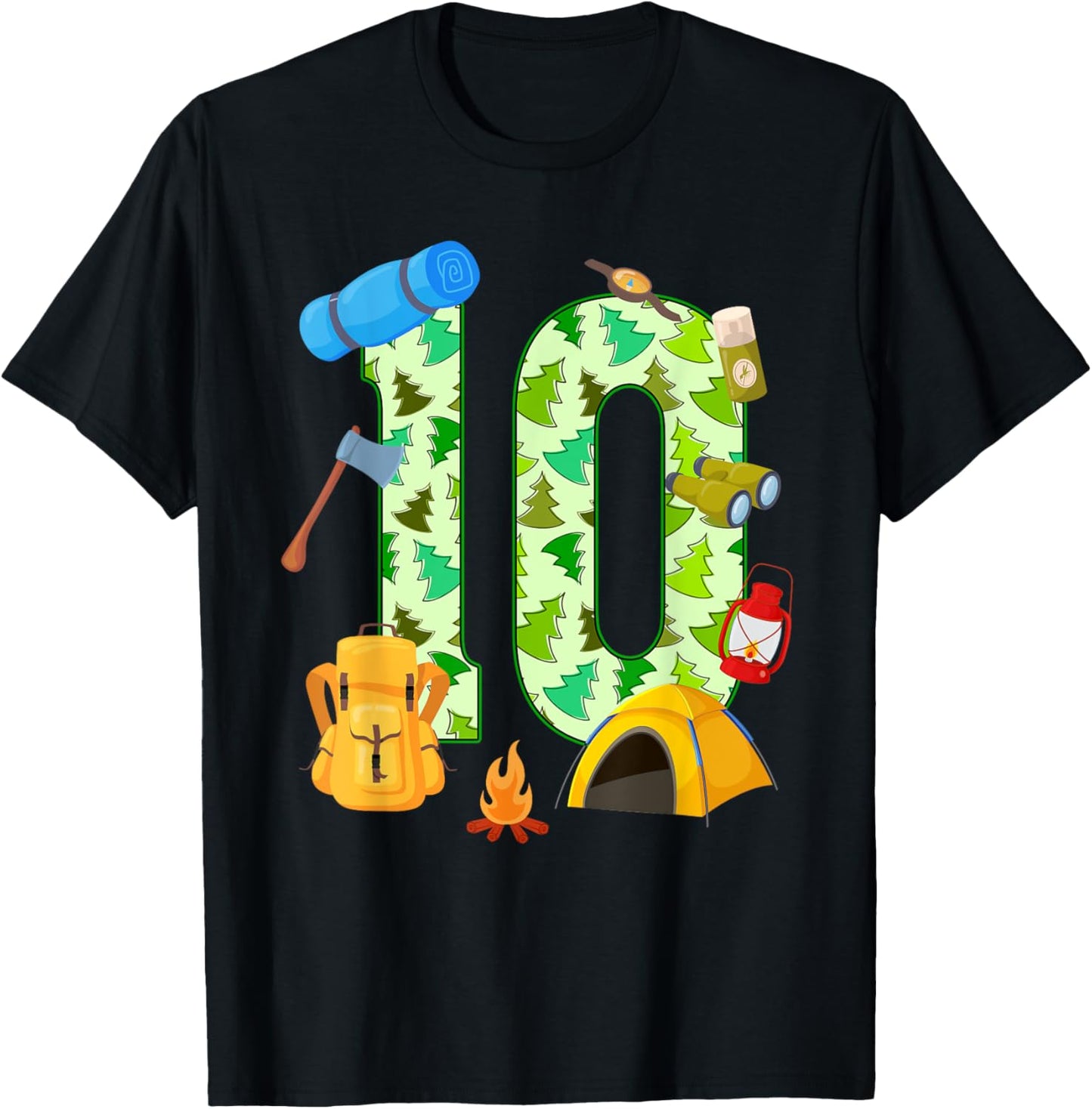 10th Birthday Camping Theme 10 Year Old Birthday Kids T-Shirt - T-Shirt | Black