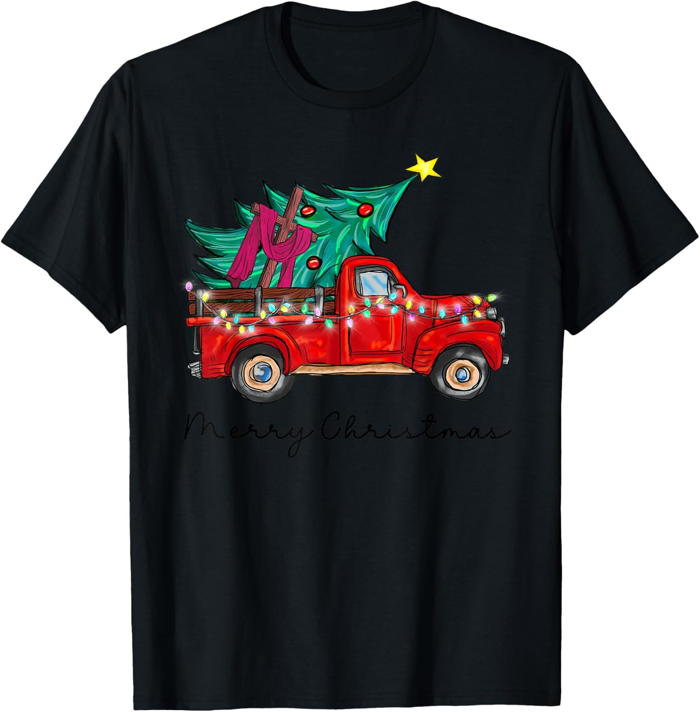 Vintage Wagon Red Truck Christmas Tree Pajama Xmas T-Shirt - T-Shirt | Black