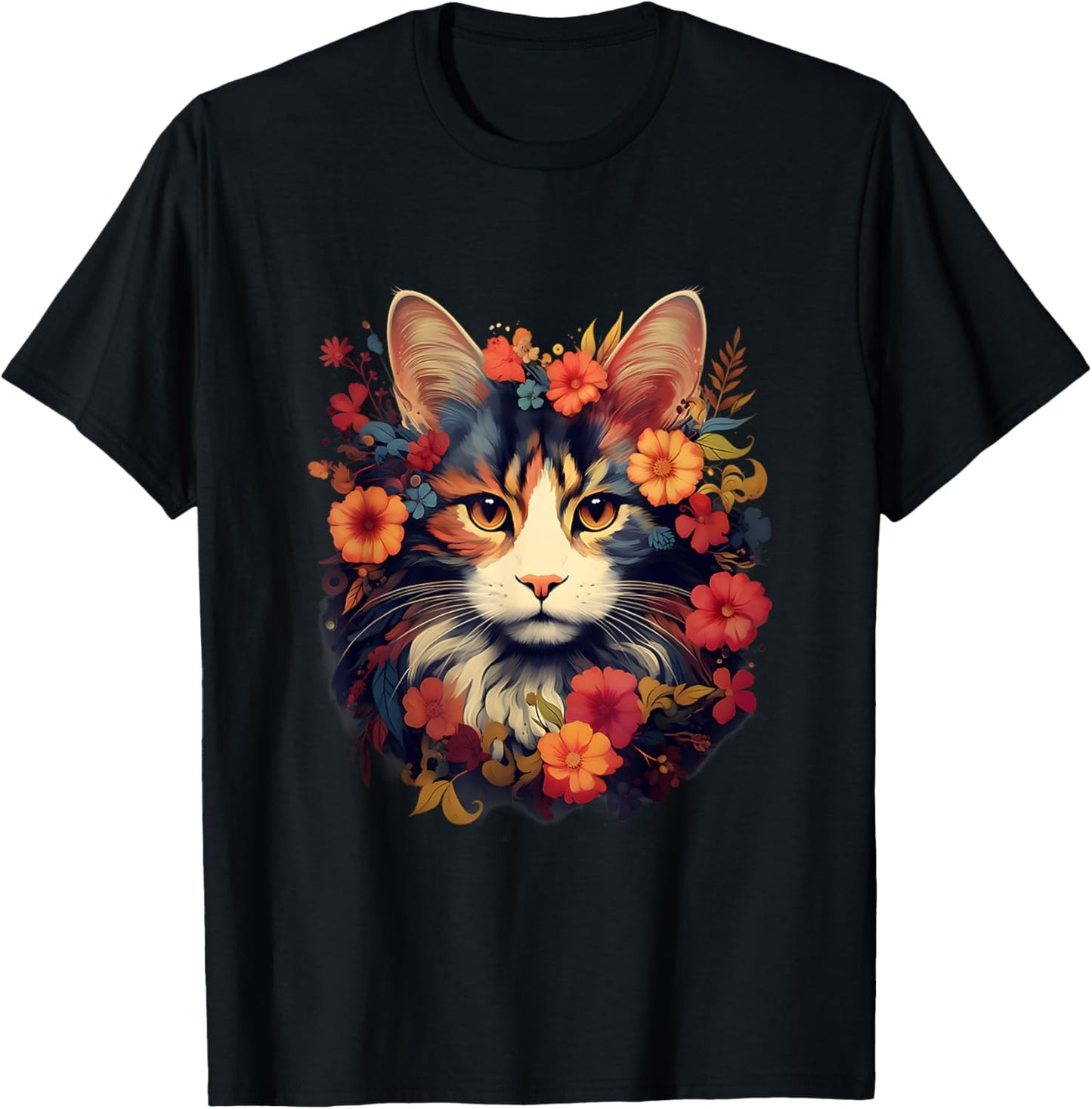 Floral Cat Shirt for Cat Mom, Women and Girls Who Love Cats T-Shirt - T-Shirt | Black