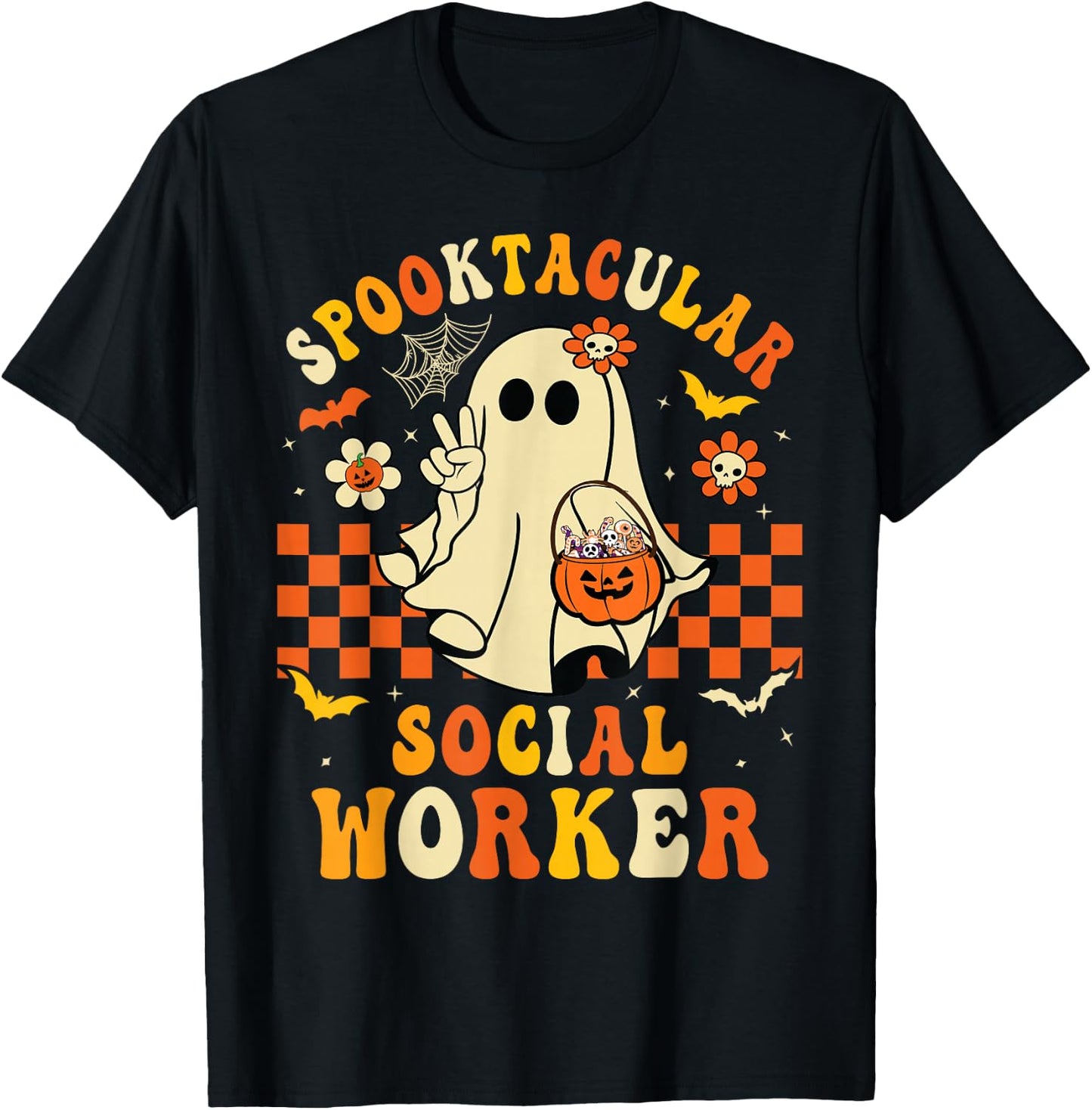 Groovy Spooktacular School Social Worker Halloween Ghost T-Shirt - T-Shirt | Black