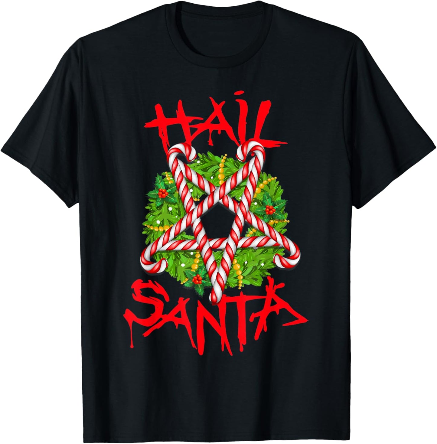 Christmas Hail Santa Candy Cane Pentagram Evil Krampus Satan T-Shirt - T-Shirt | Black