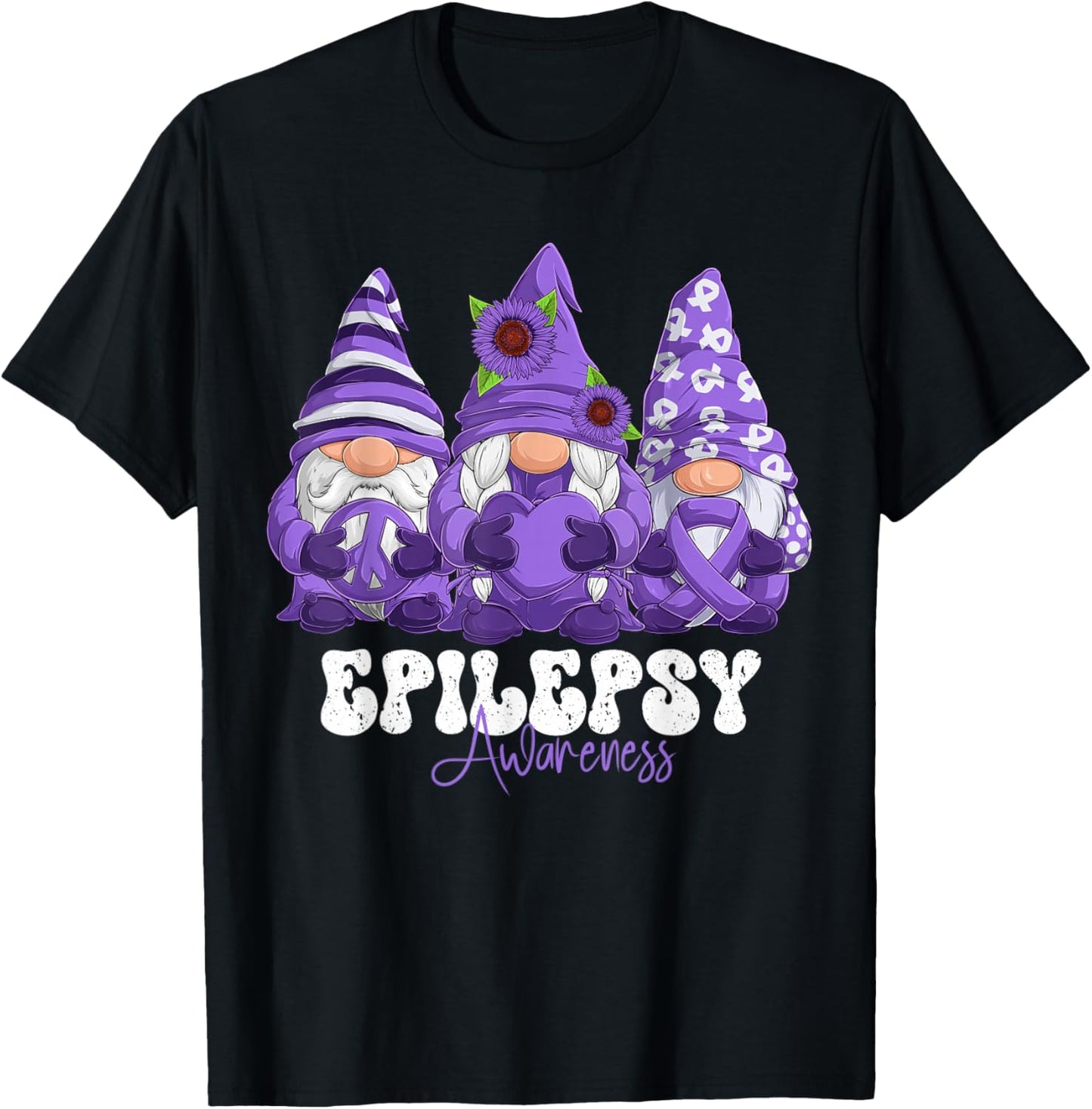 Epilepsy Awareness Month Purple Ribbon Gnomies T-Shirt - T-Shirt | Black