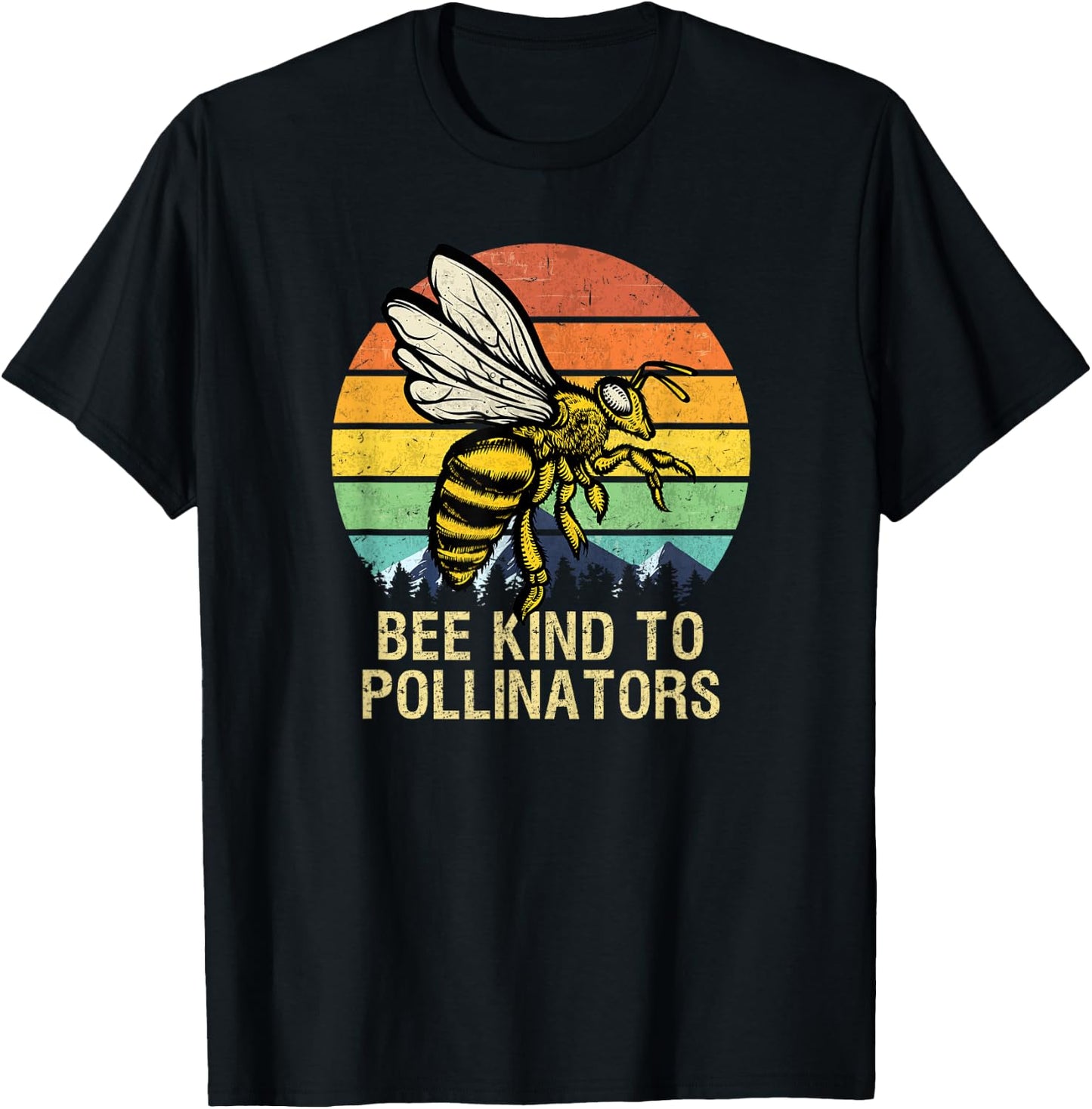 Bee Kind To Pollinators Honey-Bee With Retro Sunset T-Shirt - T-Shirt | Black